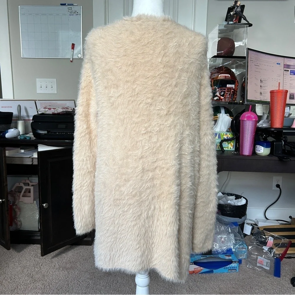 Free People Sand Beige Eyelash Faux Fur Open Front Cardigan Size Small